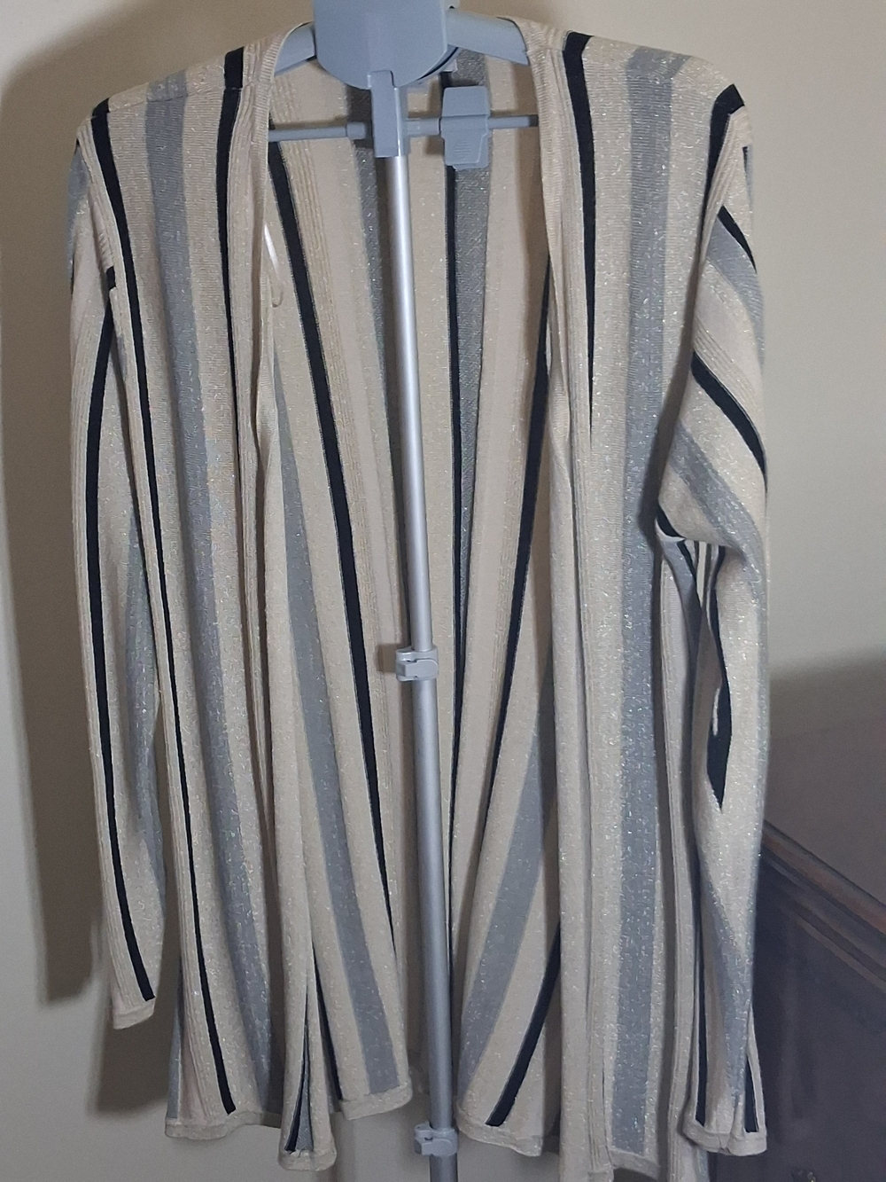 Carolyn Taylor Striped Open-Front Cardigan in Cream, Gray & Black Metallic